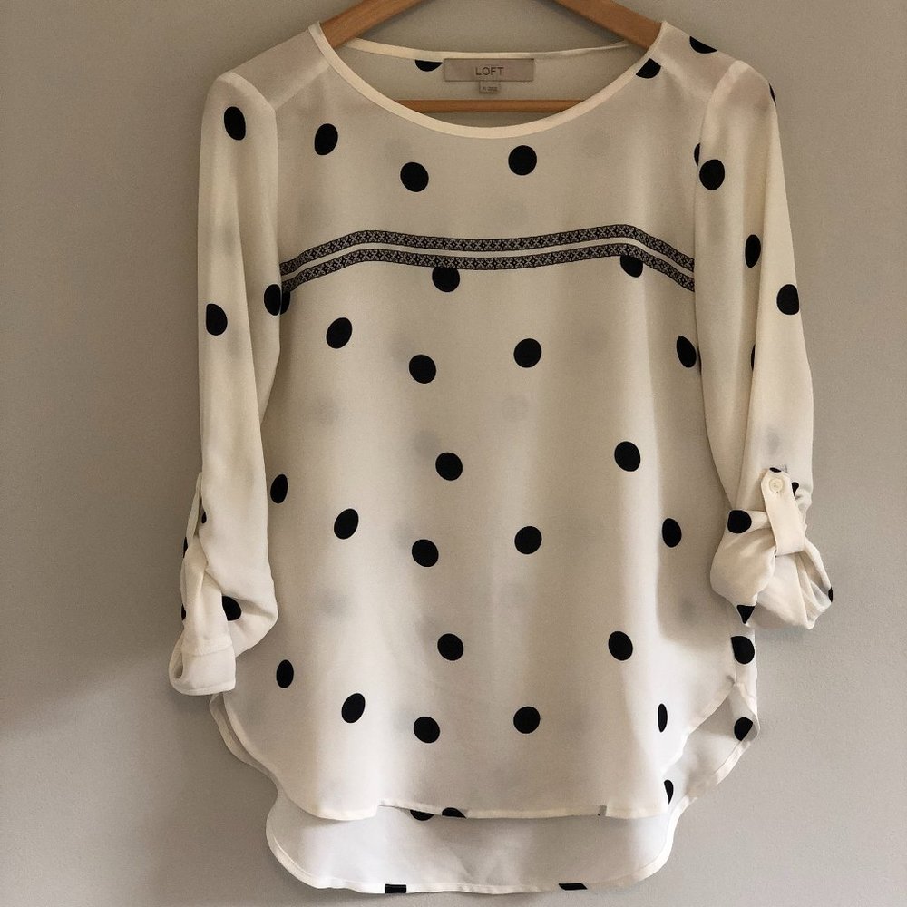 Sheer white and navy polka dot blouse